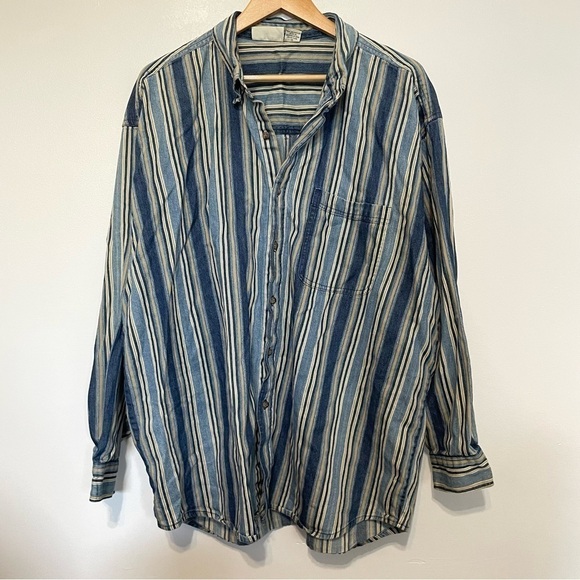 VINTAGE | Oversized Slouchy Pinstripe Button Down Denim Jean Shirt Top - Picture 3 of 7